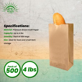 Under the Sun Products -4lb Brown Kraft Paper Lunch and To Go Bags (500)
