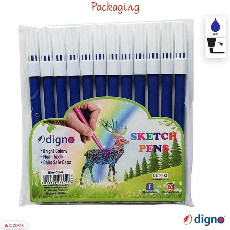 DIGNO SketchStic Felt Tip Pens, BLUE, Pack of 12, Fibre