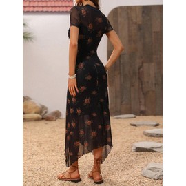 GothDark Vintage Goth Dress 2024 Fall Floral Print Mesh Spliced Double-Layered Irregular Hemline Midi Dress