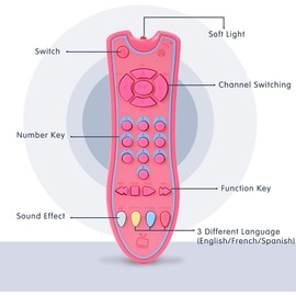 Kids Realistic TV Remote Control Toy with Musical Sound and Soft Light, Early Educational Toy with English Spanish and French 3 Language, Sensory Learning Toys for 6 12 18 Months+ Toddlers (Pink)