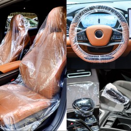Tallew 250 Pcs Disposable Car Seat Covers Clear Plastic Car Seat Covers Protector Includes Wheel Covers, Gear Selector Covers and Handbrake Cover for Auto Truck Bus Accessories