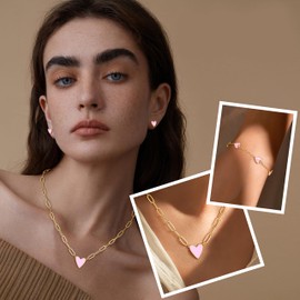 Kakonia Jewellery Set for Women 14K Gold Plated Heart Women's Jewellery Sets,Cute Heart Necklace Adjustable Heart Women's Bracelet Heart Earrings for Girl Gold Jewellery Set - Hot Pink