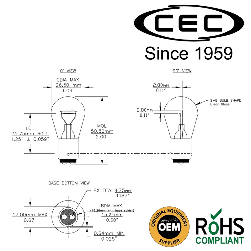 CEC Industries #1157 Bulbs, 12.8/14 V, 26.88/8.26 W, BAY15d Base,