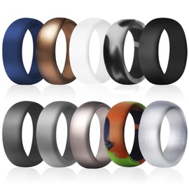 COOLOO Silicone Wedding Ring for Men, 10 Pack Affordable Silicone Rubber Wedding Bands Durable Comfortable Rings, Black White Blue Silver Gray