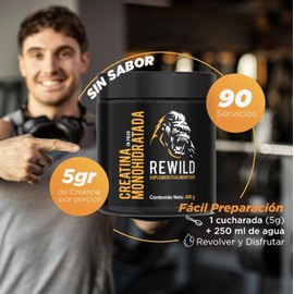 Rewild Creatina Monohidratada en Polvo de Alta Pureza Sin Sabor Endulzantes Pre Workout | Energía Rendmiento 90 porciones 5gr 450 gr