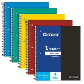 Oxford 1 Subject Spiral Notebook, Notebooks for School, Plastic Covers, Back to School Supplies, Wide Ruled, 100 Sheets, 5 Pack, Assorted Primary Colors: Black, Blue, Red, Green and Yellow (1009290)