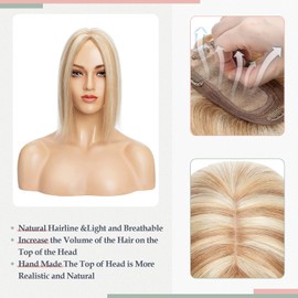 S-noilite Hair Topper Human Hair Clip In On Remy Silk Base Crown Topper For Women With Hair Loss Thinning Hair Clip On Top Hairpiece 120% Density,14 inch Golden Brown & Bleach Blonde