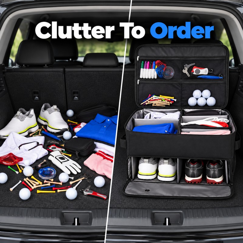 Golf Trunk Organizer With Shoe Storage, Multi-Compartment Car Storage Box