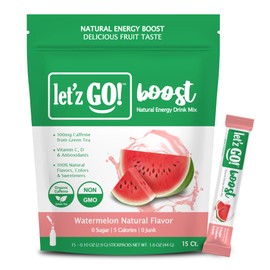 Let'z Go Clean Energy Drink Mix [Healthy Caffeine] Energy Drink Powder With Natural Caffeine Packets, High in Vitamins C + D, Electrolytes, Hydration | Sugar Free | Pre Workout | 15 Count Watermelon