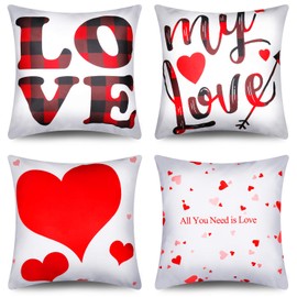 Set of 4 Valentine Throw Pillow Cases 18x18 Inch Romantic Red Heart and Love Cushion Covers for Anniversary Wedding Bedroom Living Room Sofa Couch Decor