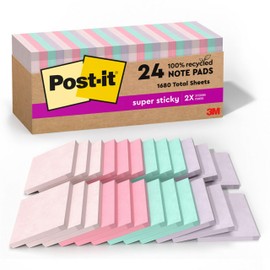Post-it 100% Recycled Paper Super Sticky Notes, 2X The Sticking Power, 3x3 in, 24 Pads/Pack, 70 Sheets/Pad, Wanderlust Pastels Collection (654R-24SSNRPCP)