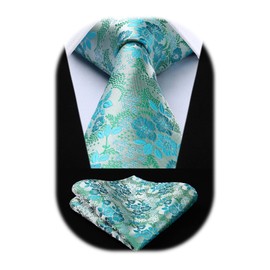 HISDERN Men Aqua Floral Ties Woven Classic Necktie Pocket Suqare Set Formal Tie for Wedding Business with Handkerchief