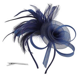 Nhgkju Navy Blue Fascinator for Weddings - Elegant Net & Feather Hair Clip with Bow, Small Royal Blue Fascinators for Women, Vintage Floral Headpiece (6.3x8.6 Inches), Perfect for Bridal, Parties