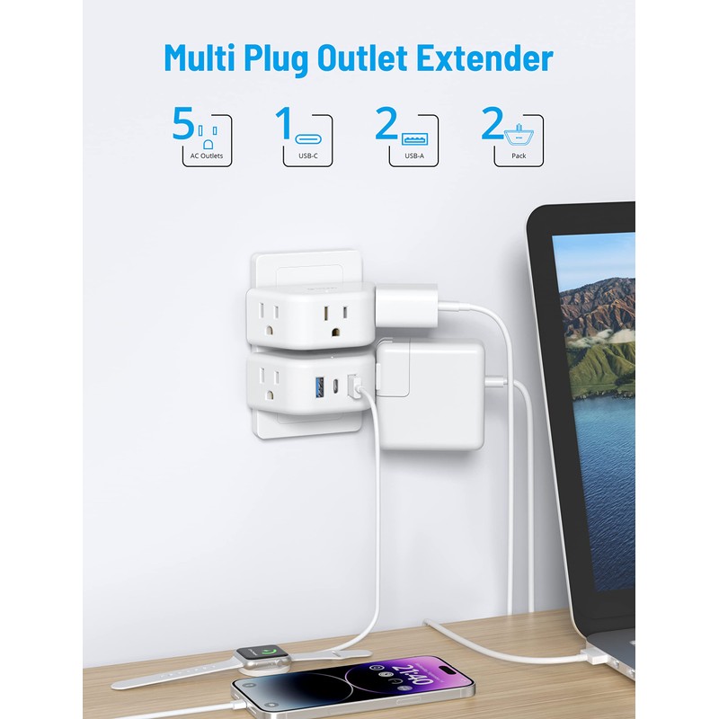 TROND Multi Plug Outlet Extender with USB - 2 Pack