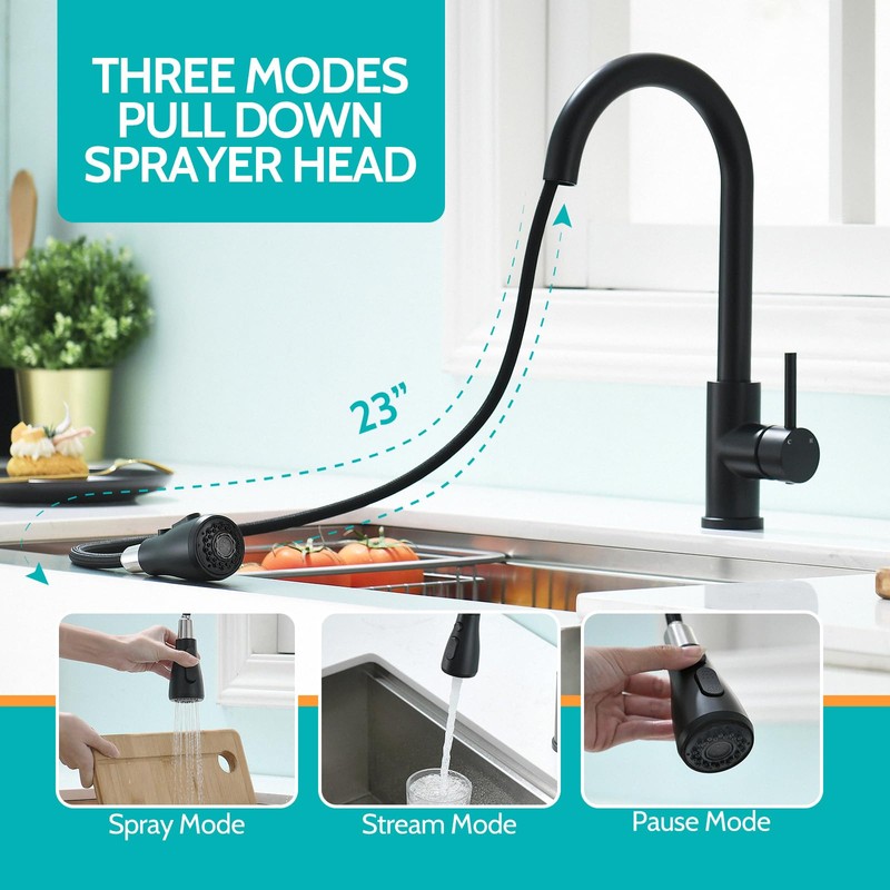 Kicimpro Matte Black Kitchen Faucet with Pull Down Sprayer, 304