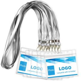 Bird Fiy- Lanyard with Id Holder 50 Pcs Waterproof Name Tag Badge Id Card Holders Id Pass Holder and 50 Pcs Flat Neck Lanyards Swivel Hook Gray, Horizontal Gray