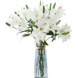 LNHOMY 6 Pack Artificial Lily Flowers Full Bloom Fake Latex Real Touch Artificial Flower Bouquets with 3 Heads Wedding Party Decor Home Decor, (White)