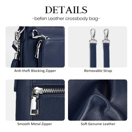 befen Small Crossbody Bag for Women Anti-theft Genuine Leather Handbags for Women UK Navy Blue RFID Shoulder Bag with Multiple Pockets