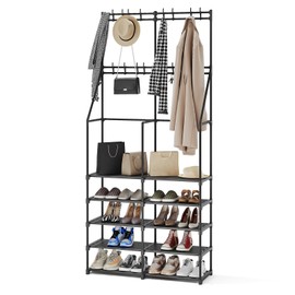 iabifo 3-in-1 Double Row Coat Shoe Rack Space-Saving Entryway Furniture, Hall Tree with Shoe Storage, Multifunctional Solution, 16 Hooks, Black