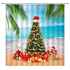 ASVEAS Christmas Tree Shower Curtain Merry Christmas Tropical Beach Ocean Palm Leaves Summer July Holiday Fabric Bathroom Decor Set with Hooks(70" WX70 H)
