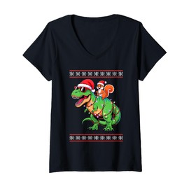 Womens Christmas Squirrel T-Rex Dinosaur Tyrannosaurus Rex V-Neck T-Shirt