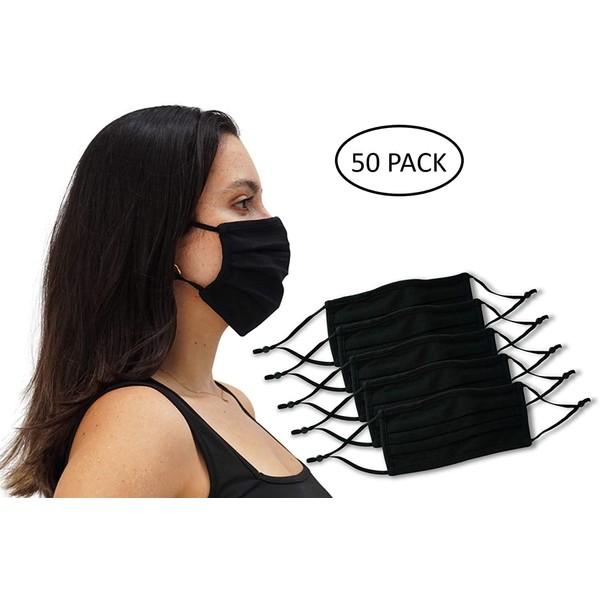 50 Pack Unisex Reusable Pleated Face Mask with Adjustable Elastic, 2 Layer, Washable, Nose Wire (Size OS, 50 Pack)
