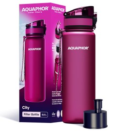 AQUAPHOR City Water Filter Bottle 500 ml | Portable Filtered Water Bottle with Integrated Water Purifier | BPA-Free | Reusable Bottle with Water Filter for Camping, Travel & Outdoor Use | Ruby Red
