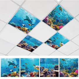4 Pcs Fluorescent Light Covers with 32 Magnets Decorative for Classroom Ceiling Light 2 x 2 Feet Magnetic Light Covers Filter Easy Install for Office Hospitals & Home Drop Ceiling Supplies （Ocean）