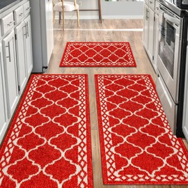 Kitchen mats for Floor 3 Piece Set,Soft Comfort Kitchen Runner Rugs Non Skid Washable,Farmhouse Kitchen mats for Floor Sets,Kitchen Area Rug Floor Mat for Bathroom Entryway Indoor Door (Red)