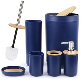 CERBIOR Bamboo Bathroom Accessory Set, 6 Pieces Bath Set- Soap Dish Toothbrush Holder Rinse Cup Lotion Bottle Trash Can Toilet Brush - Practical Toilet Kit for Home Washing Room, Navy