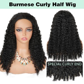 CanaryFly Curly Half Wigs Human Hair 200 Density Burmese Curly 3 In 1 Half Wigs With Drawstring Glueless Wig Human Hair for Women Water Wave Headband Wig with Spiral End Beginner Friendly 16 Inch