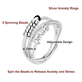 Kamise Silver Anxiety Ring, 925 Sterling Silver Anxiety Rings for Women, Open Adjustable Unisex Anxiety Spinning Rings, Adjustable Fidget Spinner Ring, Anti-Stress Rings, Mood Ring, Decompression