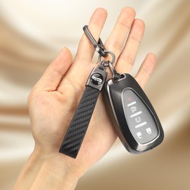 Godnee for Chevy Key Fob Cover with Keychain, Metal Frame and Leather Key Shell Full Protector Fit for Equinox Malibu Camaro Traverse Blazer Cruze LT Trailblazer Smart Key, Black