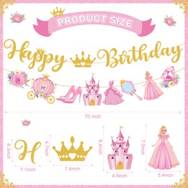 Fullhawl Pink Princess Birthday Banner for Girl Happy Birthday Princess Party Decorations Glitter Gold Pink Castle Crown Carriage Flower Diamond High Heel Mirror Paper Garland for Girl Party Supplies