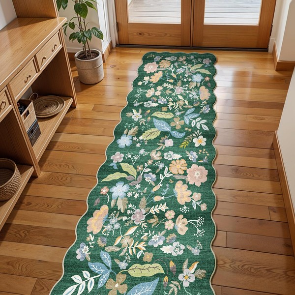 2x8ft Scalloped Hallway Runner Rug – Non-Slip Washable Boho Floral