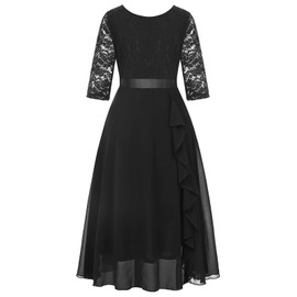 Girl Dress Crewneck A-Line Dresses Elegant Vintage Formal Long Bridesmaid Flower Dress Girls Chiffon Party Dress(Black,9-10Y