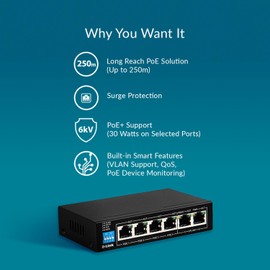 D-Link DGS-F1006P-E 6-Port Gigabit PoE Switch with 4 Long Reach Ports, 2 Uplink Ports, 60W PoE Budget, 5 Port Gigabit Desktop, Plug & Play, Lightning Protection - Ideal for Ethernet Network & PoE Hub
