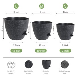 UOUZ Large Self Watering Pots, 12/10/9 Plastic Planters with High Drainage Holes and Deep Reservoir for Indoor Outdoor Garden Plants and Flowers, Black Speckles