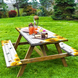 Sunflower Picnic Table Cover with Bench Covers Camping Essentials Wooden Grain Outdoor Table Covers with Elastic Waterproof Fitted Tablecloth for RV Picnic Travel