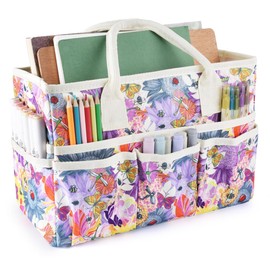 E-WEICHEN Craft Organizer Tote Bag Art Storage Caddy with Multiple Pockets Containers for Art,Craft,and Office Supplies Storage.Purple Grey Flower