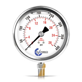 CARBO Instruments 4" Pressure Gauge, Stainless Steel Case, Chrome Plated Brass Connection, Liquid Filled, 0-400 psi/kPa, Lower Mount 1/4" NPT