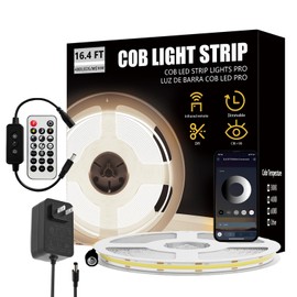 ZIWJGPCCV COB LED Strip Light 16.4ft, Warm White 4000K,CRI93+ Super Bright High Lumen,Dimmable 24V Flexible LED Tape Light with RF Remote,for Cabinets,Bedroom&Office DIY Lighting