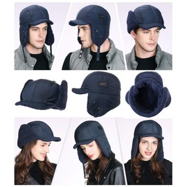 Oversized L Men Women Winter Trapper Hat Waterproof Windproof Aviator Cap Faux Fur Earflap Detachable Mask Large Big Head Cold Weather Warm Navy Blue