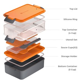 Linoroso Stackable Bento Box Adult Lunch Box | Meet All You On-The-Go Needs for Food, Salad and Snack Box, Premium Bento Lunch Box for Adults Include Utensil Set, Dressing Containers - Lava Orange
