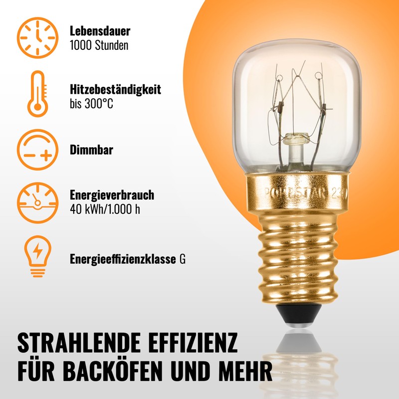 POPPSTAR Backofenlampe E14 40W hitzebeständig bis 300 Grad (2700K warmweiß,