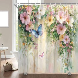 Rustic Floral Shower Curtain Watercolor Flower Blossom Butterfly Boho Botanical Colorful Wildflower Spring Romantic Farmhouse Nature Aesthetic Bathroom Decor Curtains Polyester with Hooks, Green