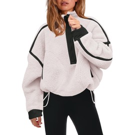 Panadila Womens Half Zip Sherpa Fleece Pullover Soft Oversized Sweatshirt with Pockets Warm Fuzzy Sweater (White,S)