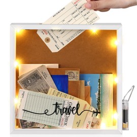 Sieral LED Travel Adventure Archive Shadow Box with Lights 12x12 in Frame Memory Shadow Box Concert Travel Ticket Keepsake Box with Slot on Top Honeymoon Fund Box Travel Gifts for Women Men(White)