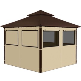 Homegroove Gazebo Curtains Outdoor Waterproof 12 * 12ft, Privacy Curtains 4-Panels with Window, Blackout Curtains Set Full Zipper Side Wall Replacement for Garden, Patio, Yard (Only Curtains) Khaki