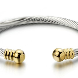 Unisex Elastic Adjustable Steel Twisted Cable Bangle Bracelet for Men and Women Silver Gold Two-tone(CA)
